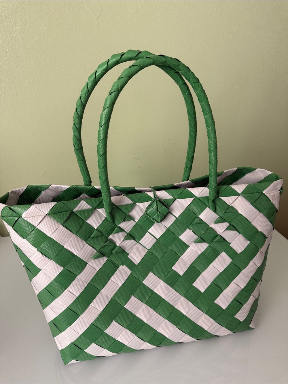 Hand Crafted Green and White Woven Tote